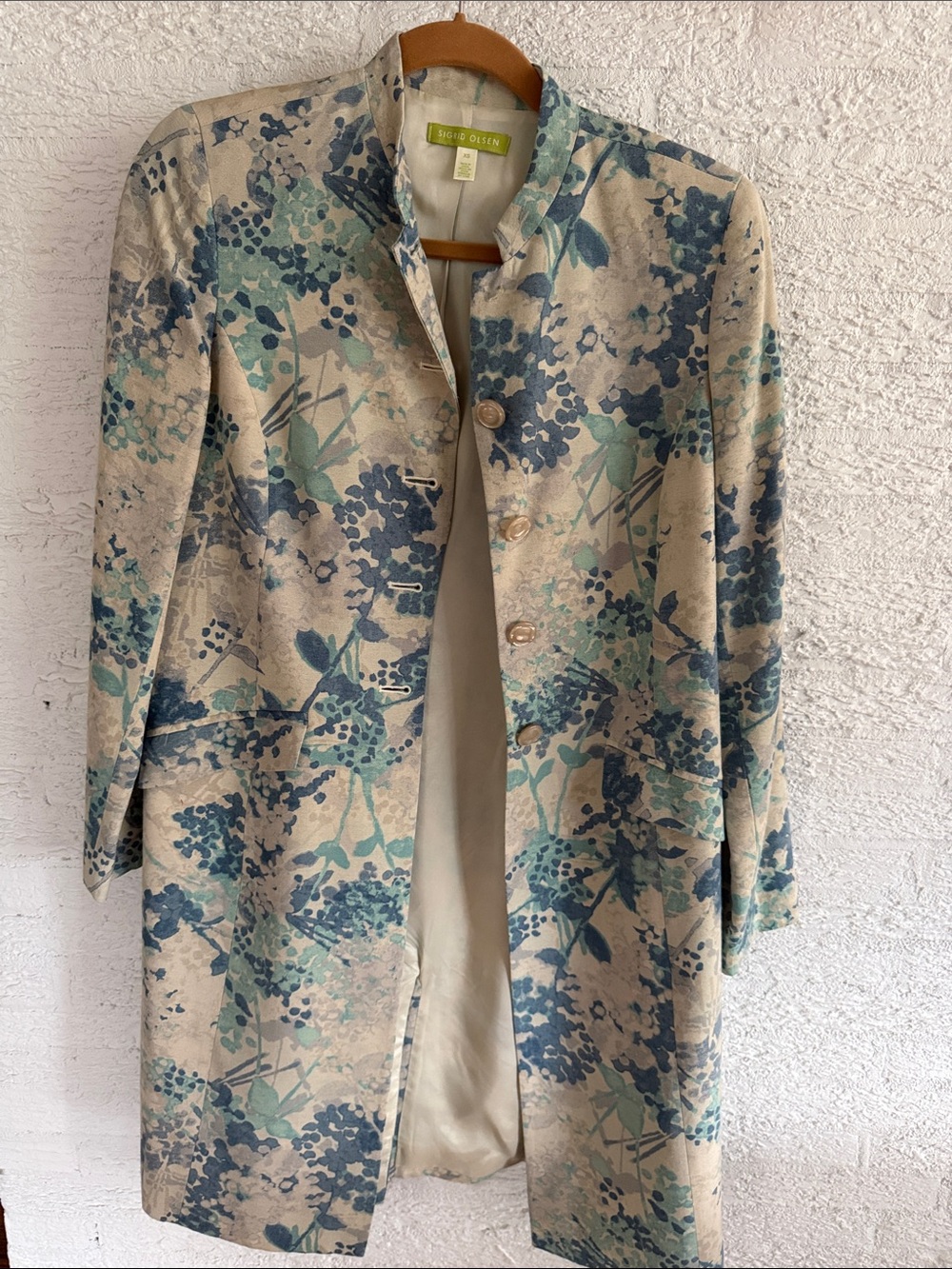 Sigrid Olsen silk lined Trench Coat with Blue Floral Print size XS